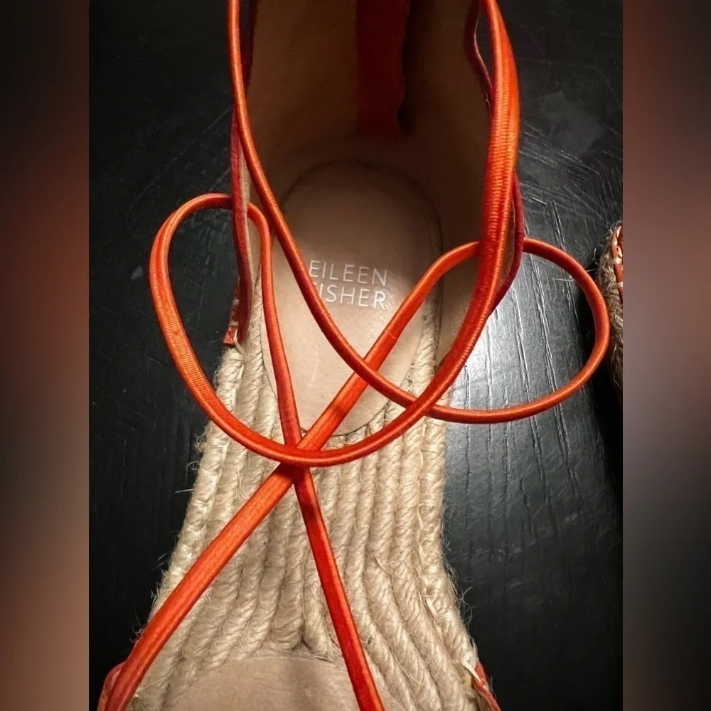 Eileen Fisher strap Espadrilles Women’s Size 8.5 leather orange flat shoes zip.